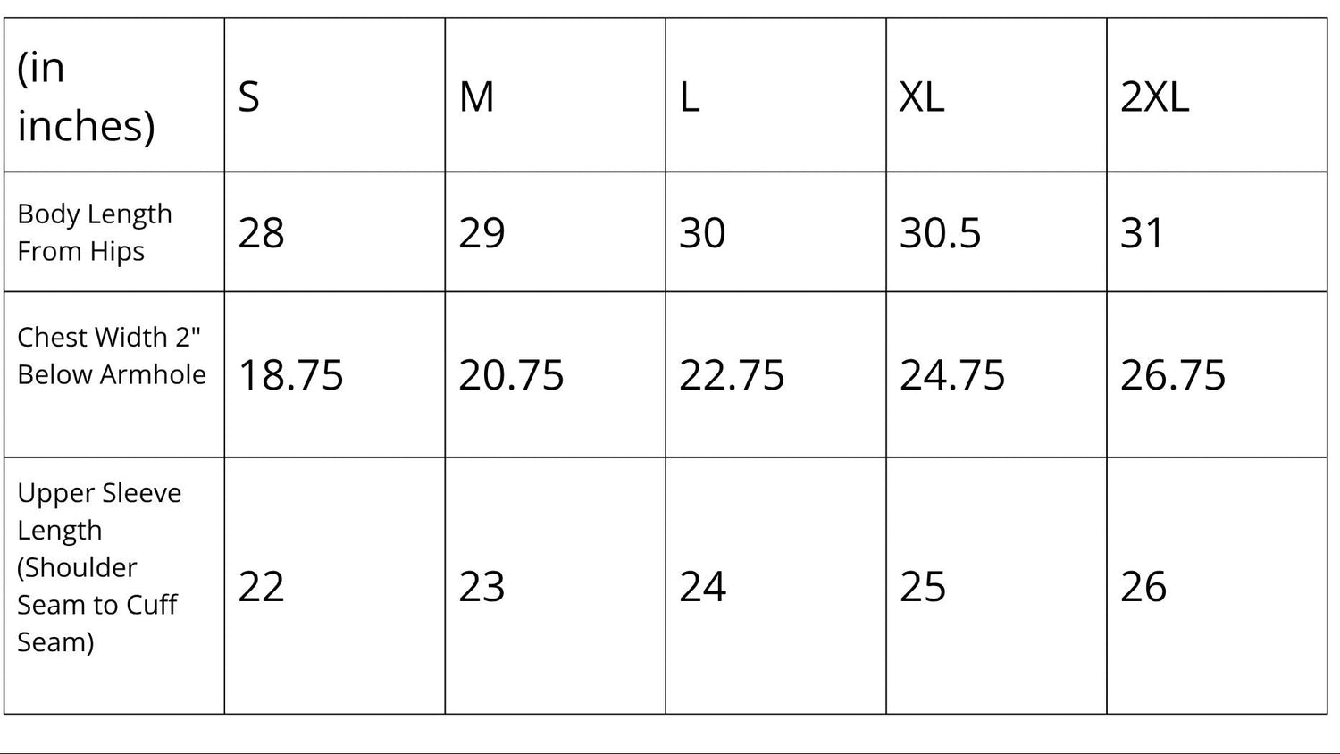 Measurement chart for clothing sizes S to 2XL with body length, chest width, and upper sleeve length measurements.